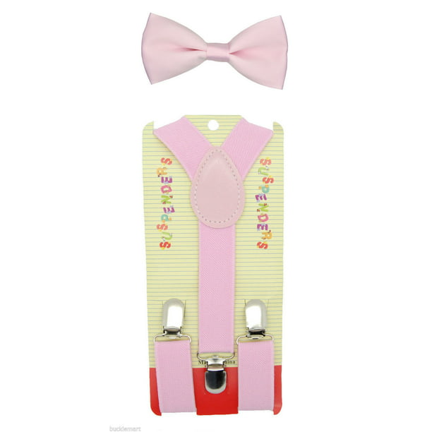 Kids Boys Mens Light Gray Suspenders & Light Pink Bow tie Infant ADULT SET 
